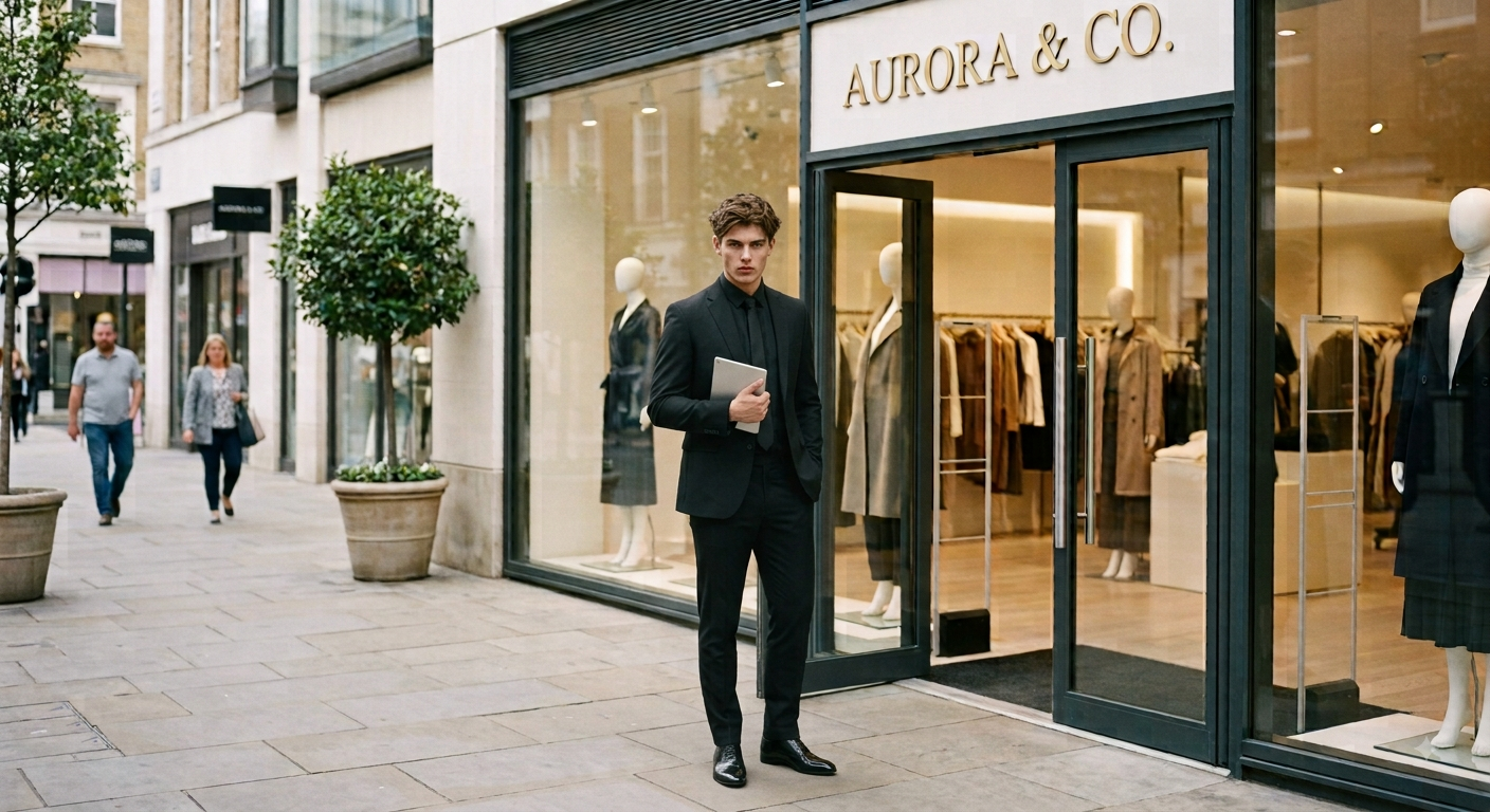 Man holding a coffee outside a boutique storefront with mannequins and clothing displays