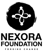 Nexora Foundation logo: black circle with white emblem and bold black text on white background