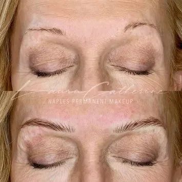 Before and after of permanent eyebrow makeup on a woman's face, featuring fuller, darker eyebrows.