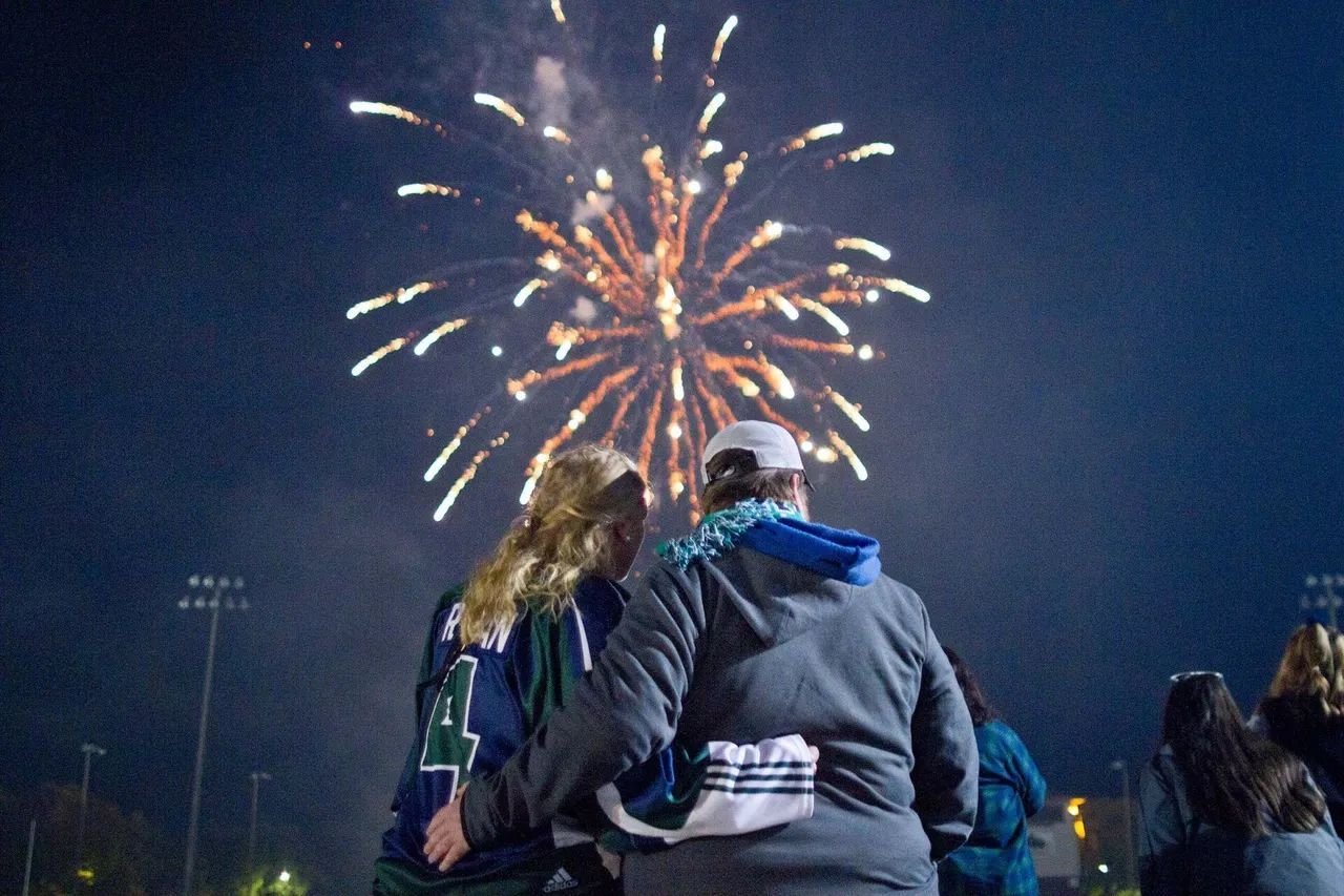 Two people watch fireworks burst over a field at night.
