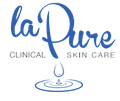 A blue logo with the text "la Pure CLINICAL SKIN CARE" above a water droplet falling into ripples.
