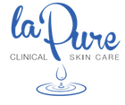 A blue logo with the text "la Pure CLINICAL SKIN CARE" above a water droplet falling into ripples.