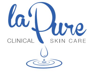 A blue logo with the text "la Pure CLINICAL SKIN CARE" above a water droplet falling into ripples.