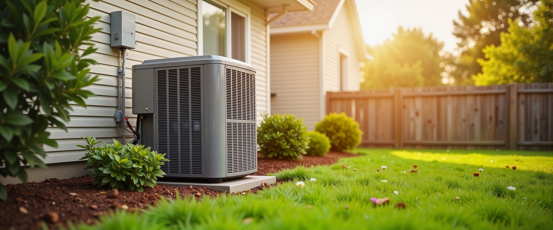 Air conditioning unit in residential backyard.
