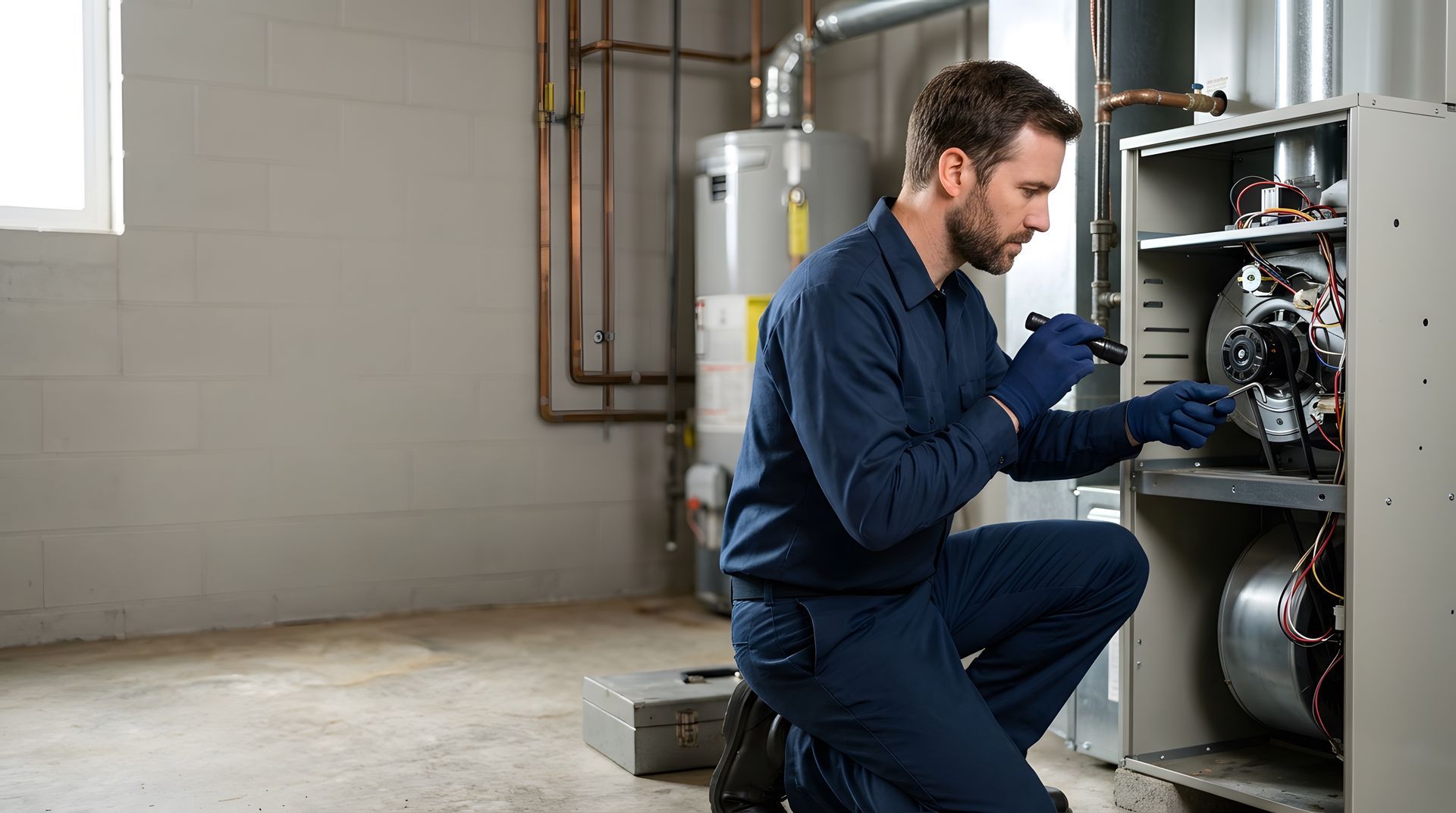 A professional technician in a blue uniform inspecting a home furnace unit using a flashlight.