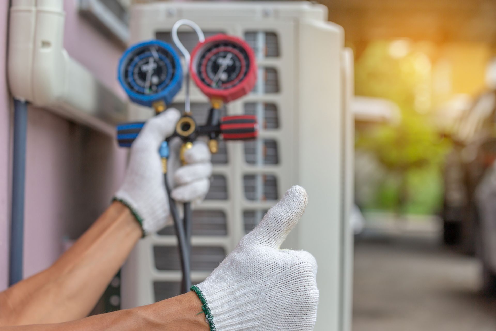 Close up of repairman fixing AC unit, showcasing expert heating and cooling contractor services.