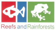 Logo with red fish, blue fish, and green frog; text reads “Reefs and Rainforests”
