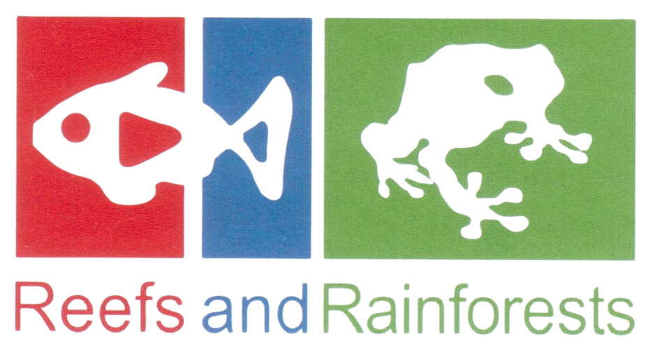 Logo with red fish, blue fish, and green frog; text reads “Reefs and Rainforests”