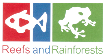Logo with red fish, blue fish, and green frog; text reads “Reefs and Rainforests”