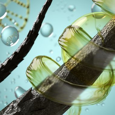 Microscopic view of a hair strand wrapped in a glowing gold ribbon with bubbles and DNA helix on a light blue background
