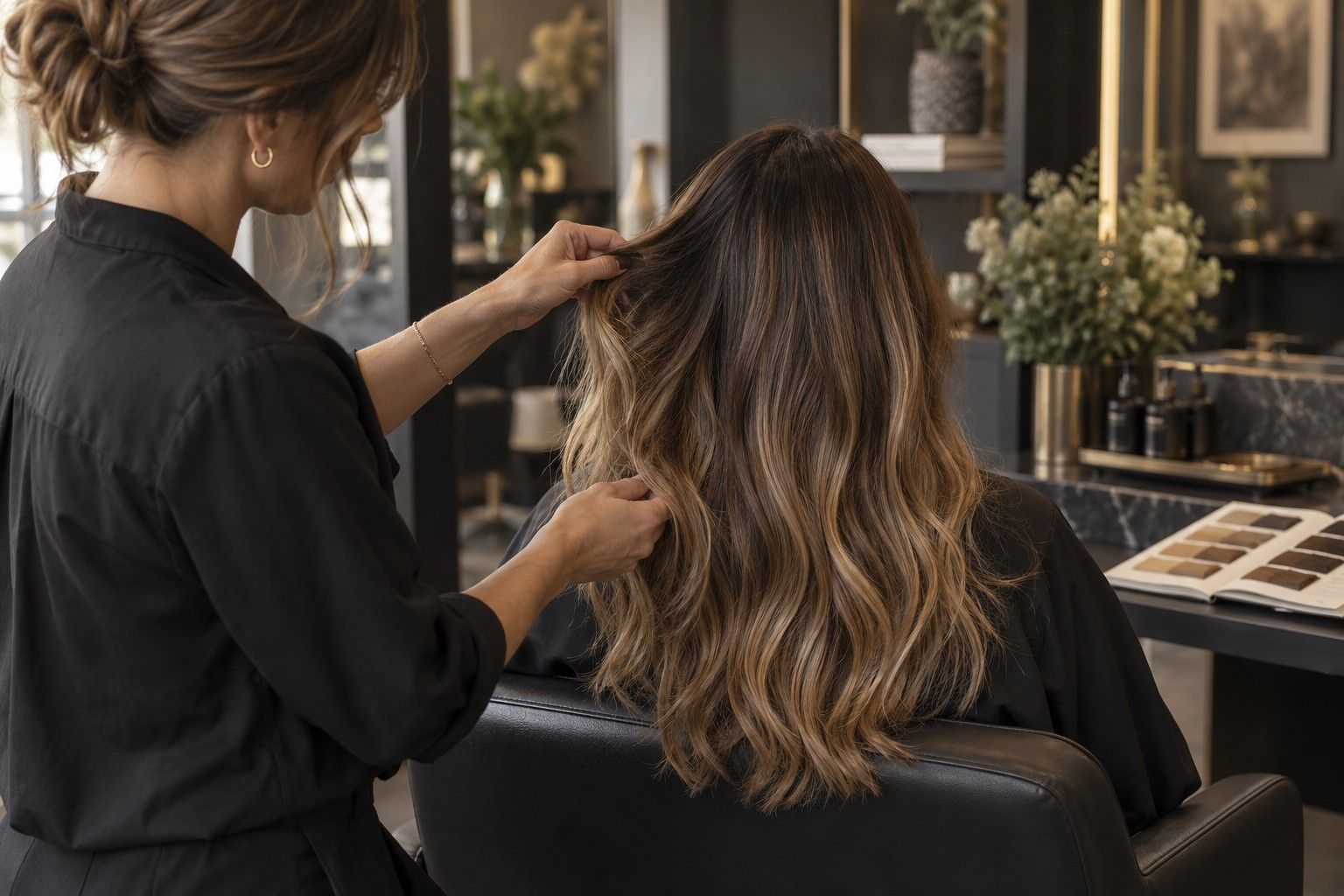 Colourist assessing a client’s hair and planning a gradual professional hair colour transformation