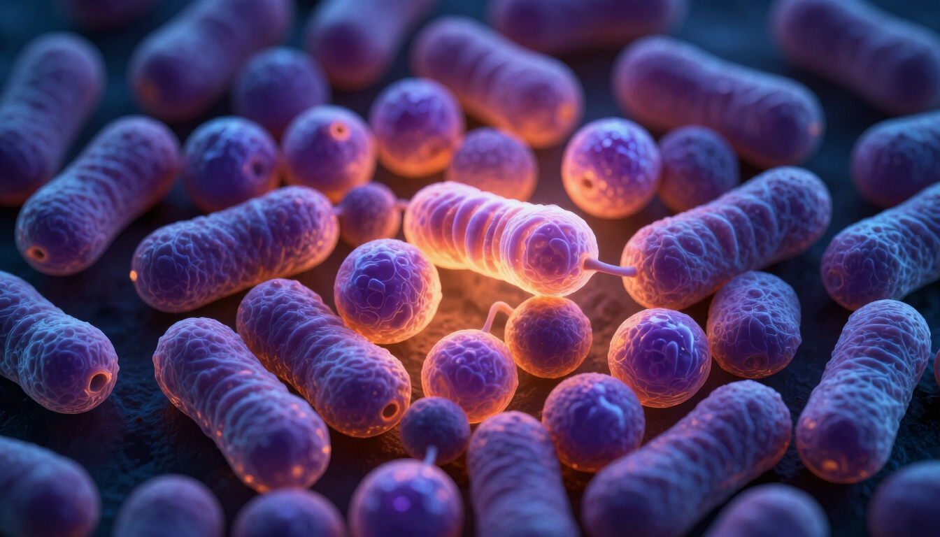 Close-up of glowing purple and orange rod-shaped bacteria under a microscope
