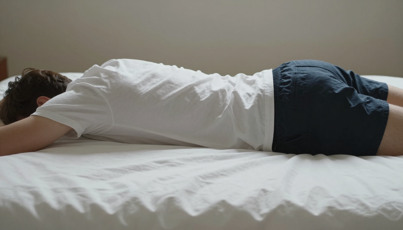 Person lying face down on a bed in a white T-shirt and dark shorts