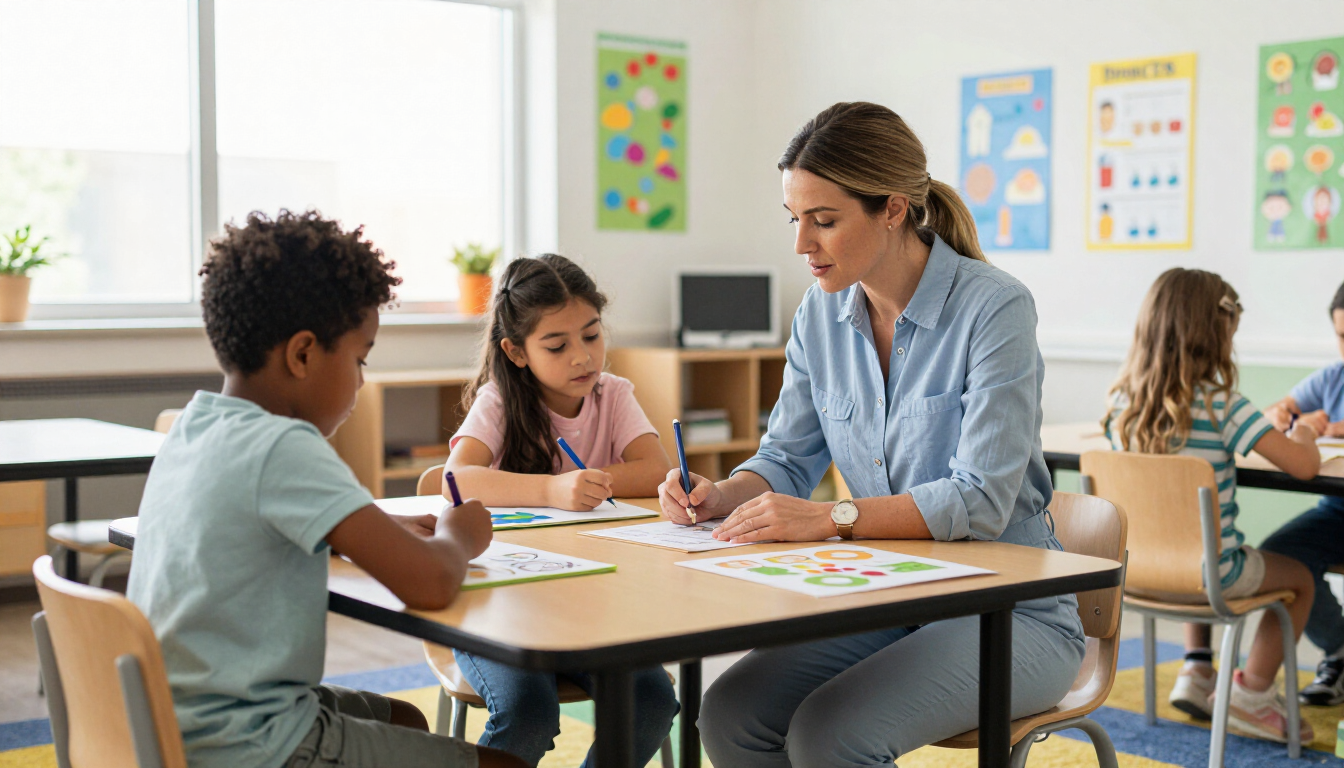 Teacher helping children at a classroom table with worksheets and colorful posters in the background
