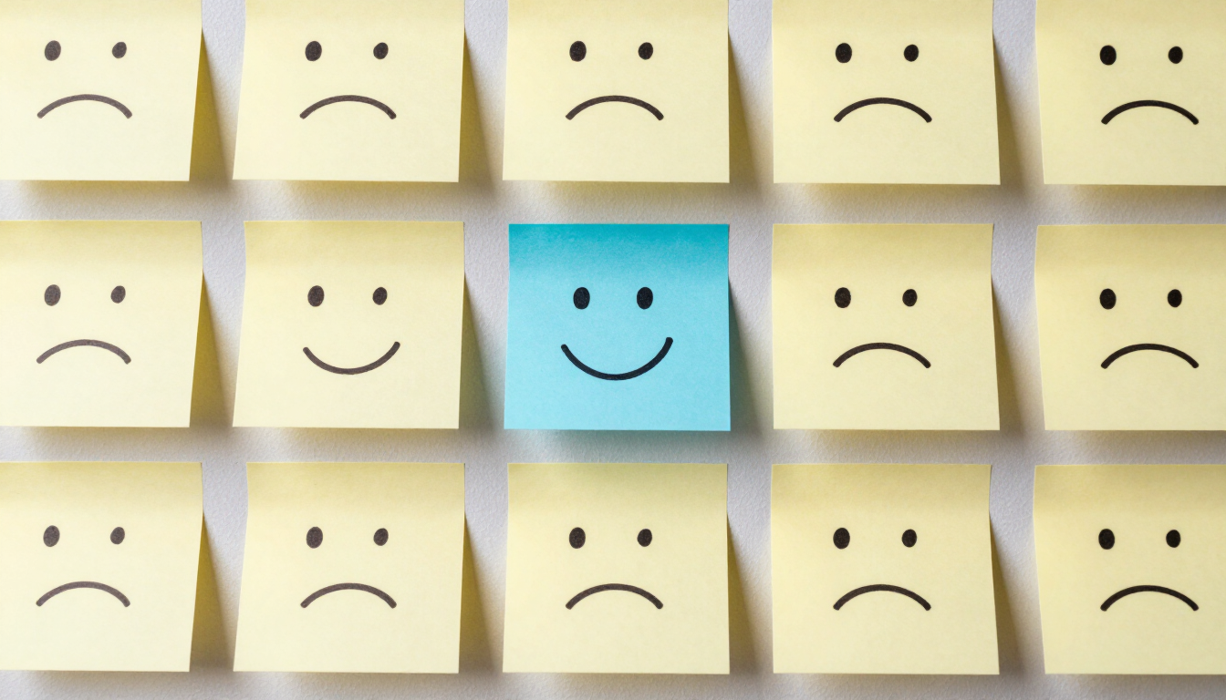 Sticky notes with drawn faces, mostly sad yellow notes and one smiling blue note among them.