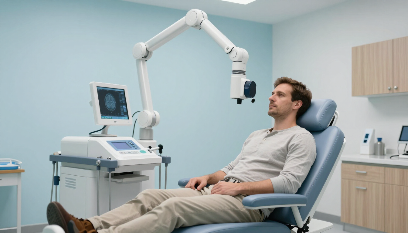 Patient reclining in a dental chair with a robotic arm over him in a clean clinic room