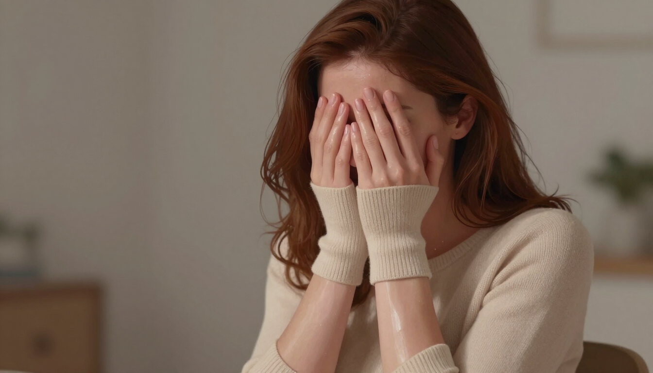 an emotional woman with her hands covering her face