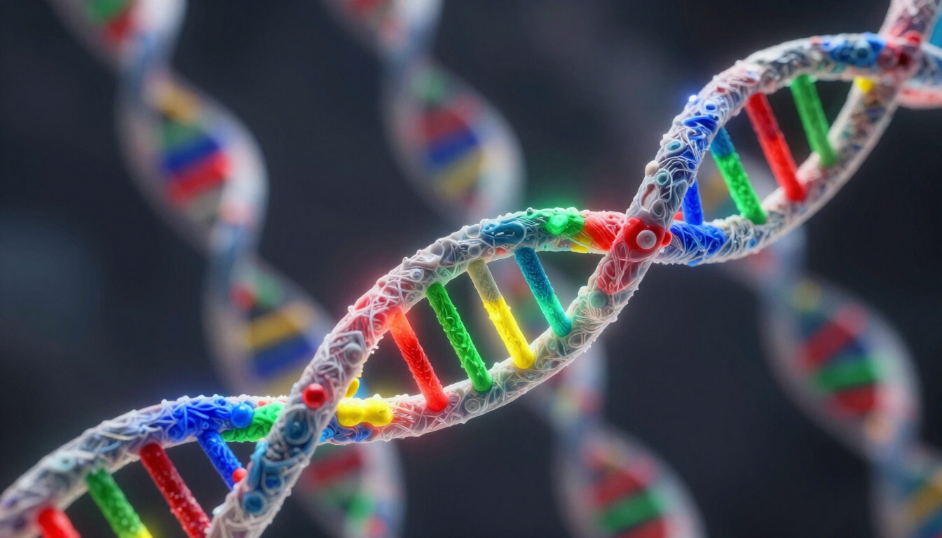 Colorful DNA double helix strands against a blurred dark background