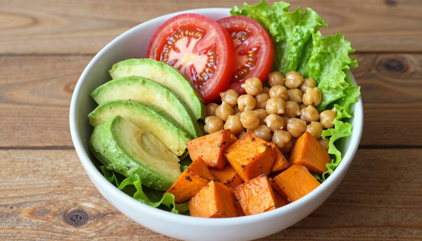 Bowl of salad with avocado, tomato, chickpeas, sweet potato, and lettuce on a wooden table