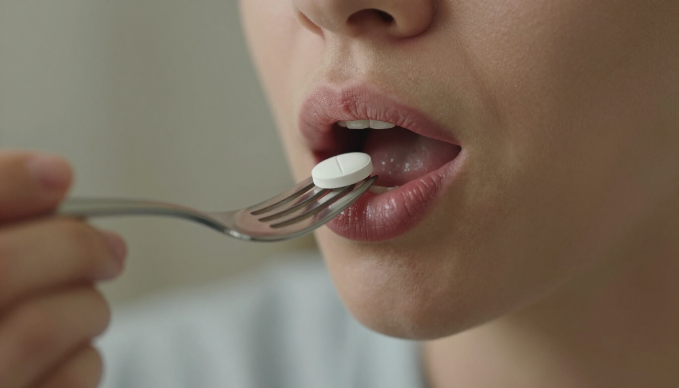 Person eating from a spoon, lips close to a forked utensil with a white pill or tablet.
