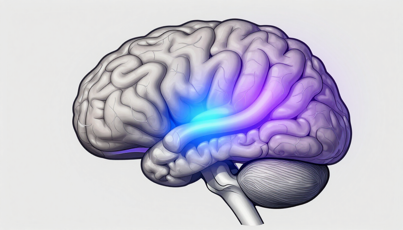 3D-rendered human brain with a blue-purple glow across the side