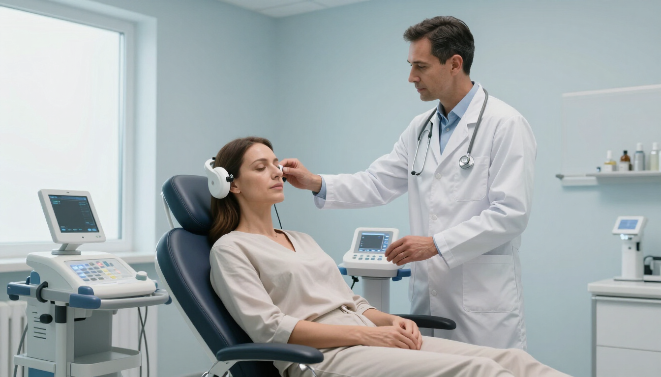 Woman undergoing transcranial magnetic stimulation, receiving treatment from a doctor in a medical setting.