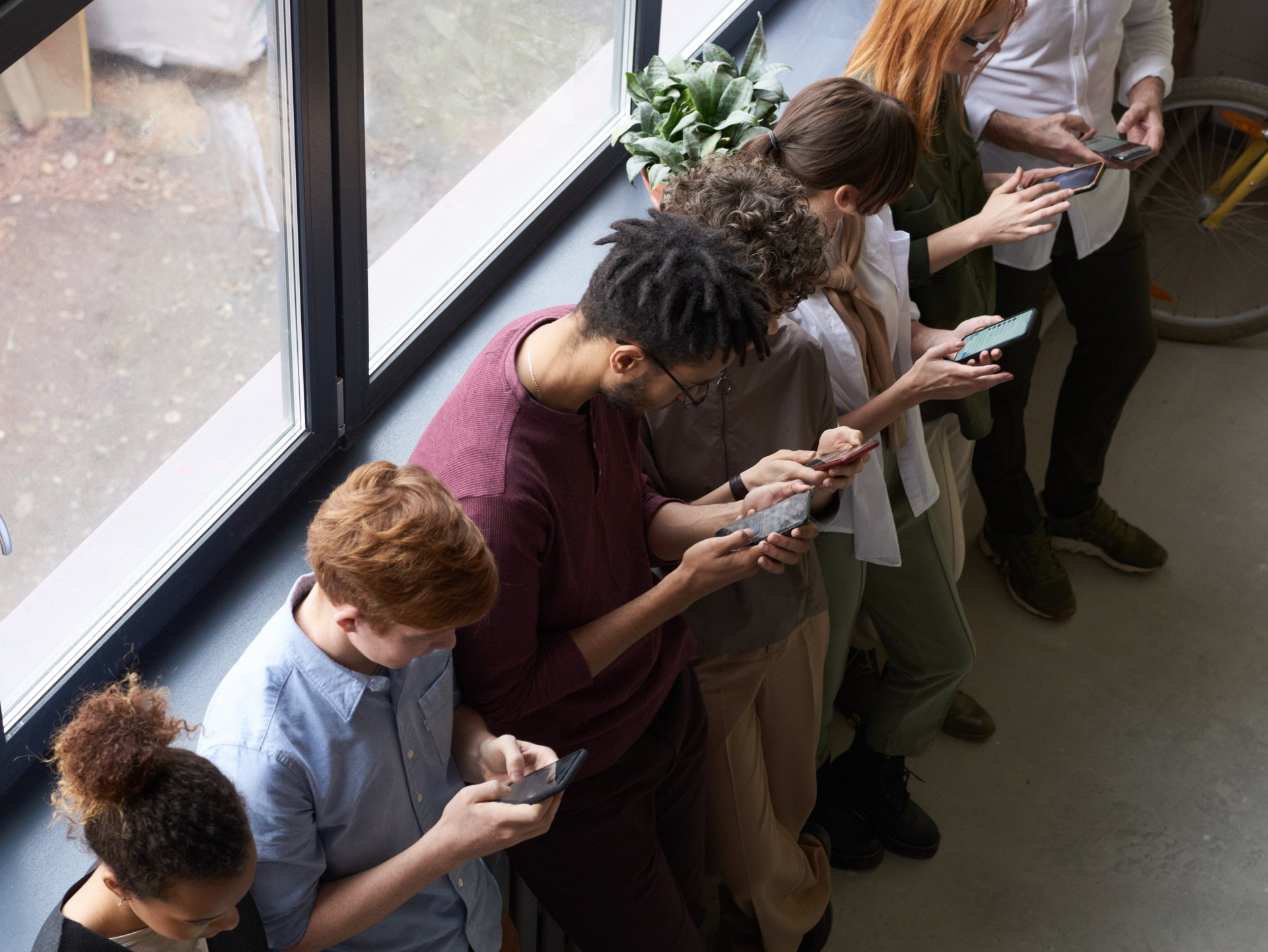 People standing in a row, all looking at their phones. They are by a window, possibly in a waiting area.