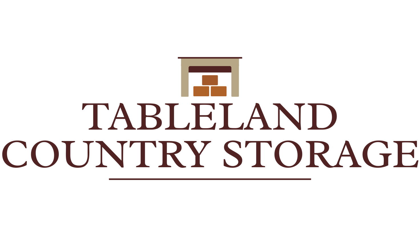 The logo for tableland country storage shows a fireplace with boxes in it.