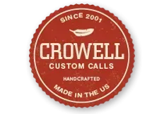 Red Crowell Custom Calls logo: circular seal with text, feather, and 