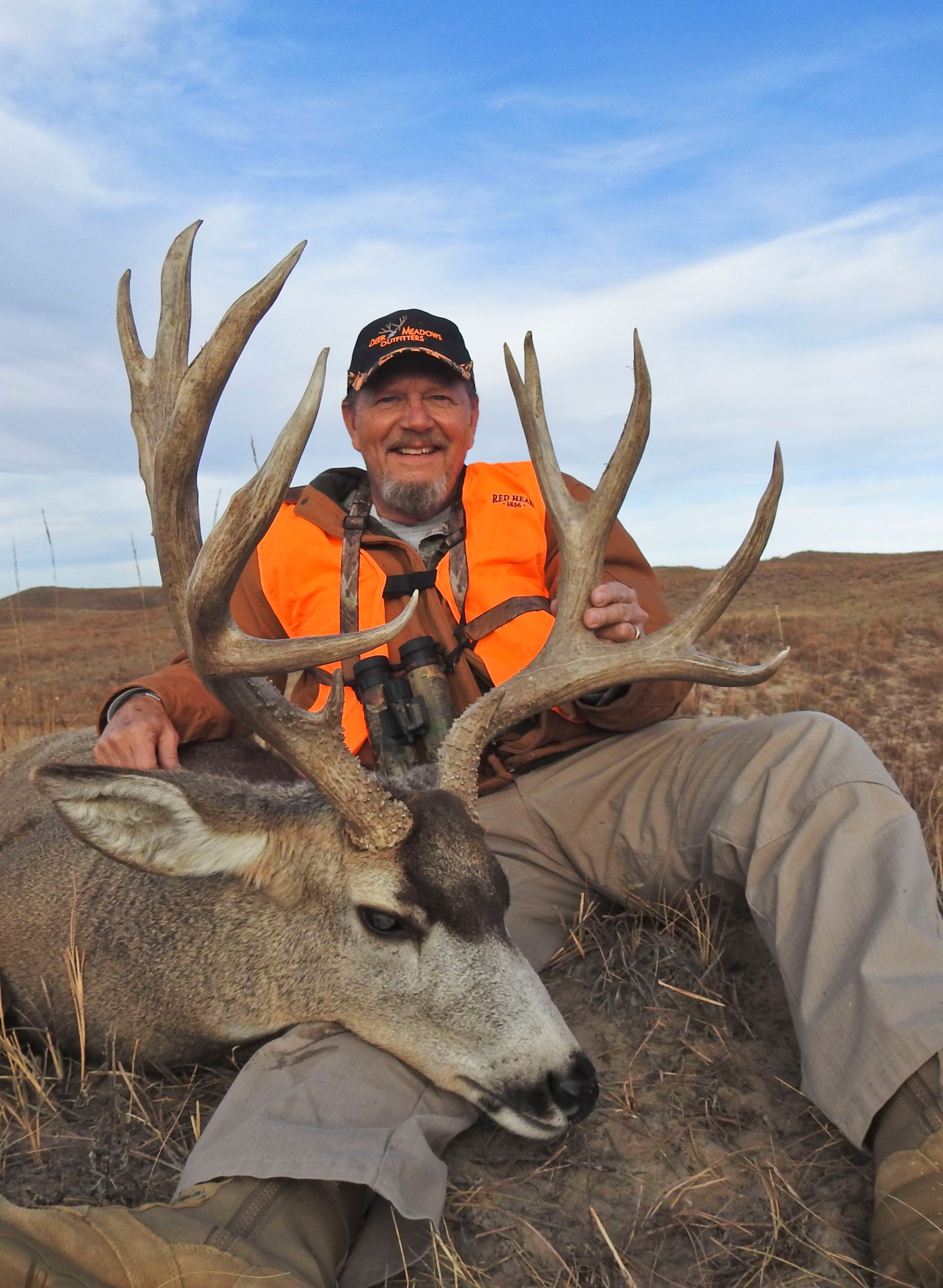 Man in orange vest sits with a large deer he has hunted in a grassy field.