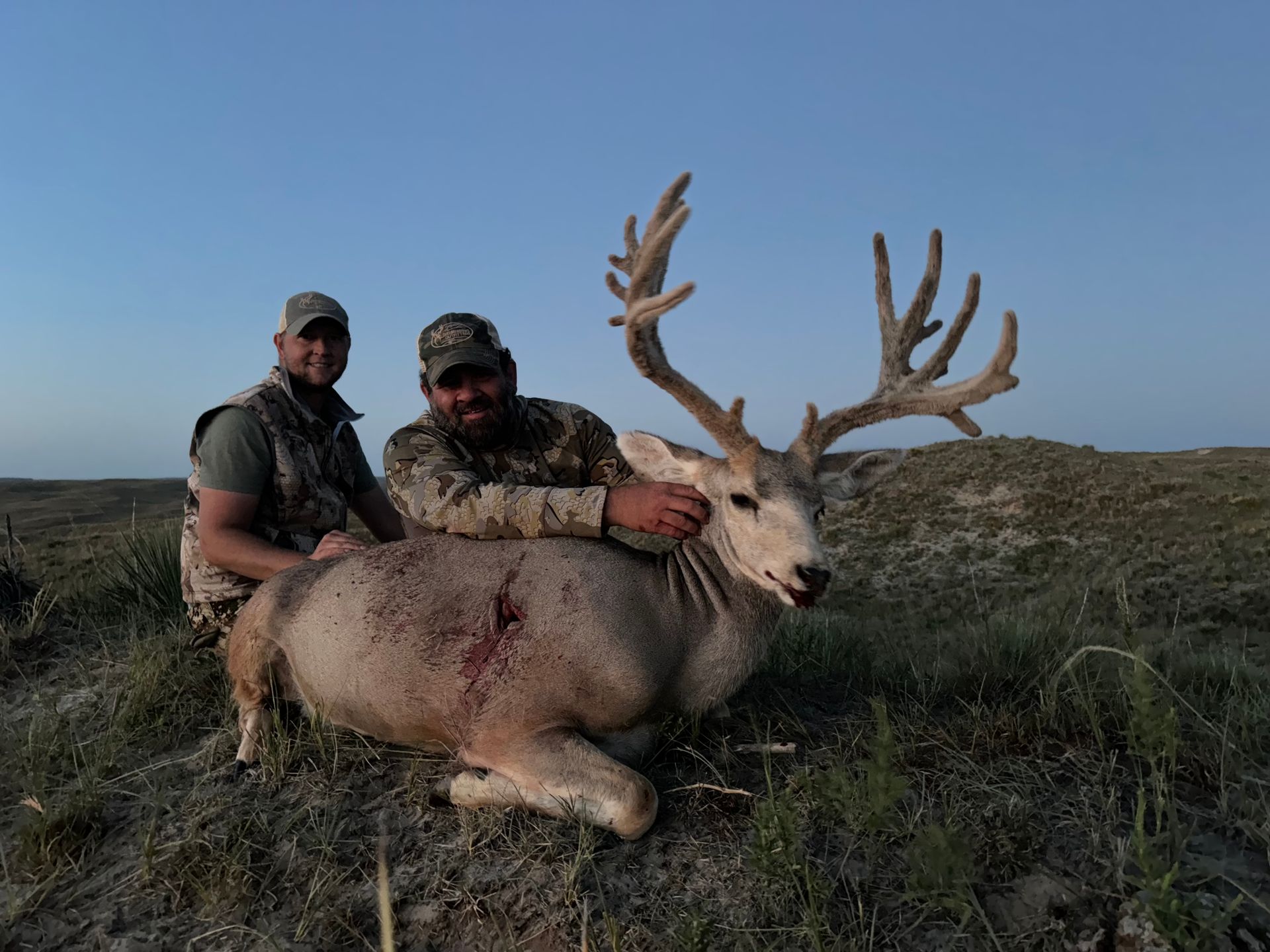 Two men pose with a large dead buck with impressive antlers on a grassy hillside at dusk.