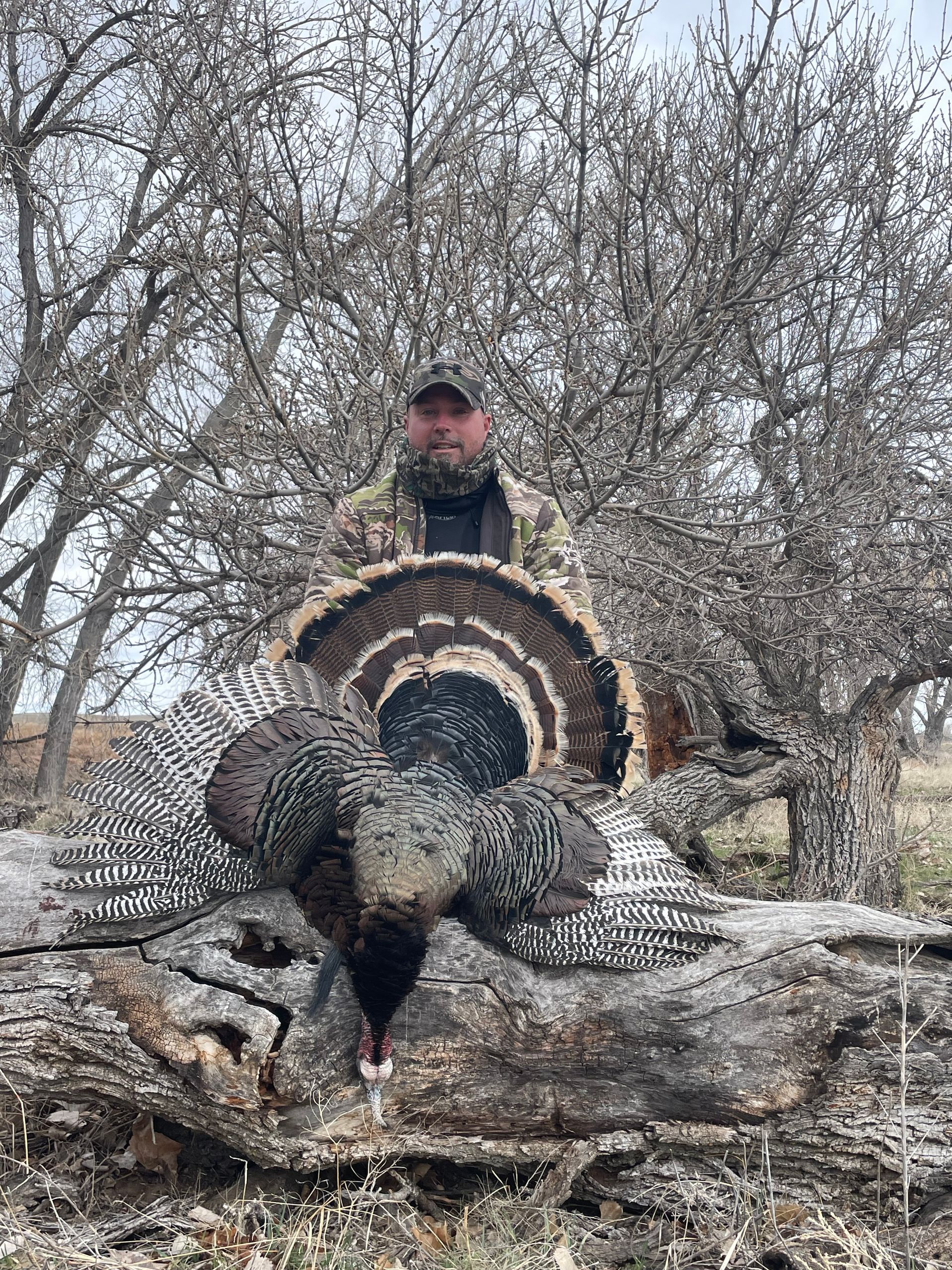 Hunter holding a large turkey with a fanned tail in a natural outdoor setting.