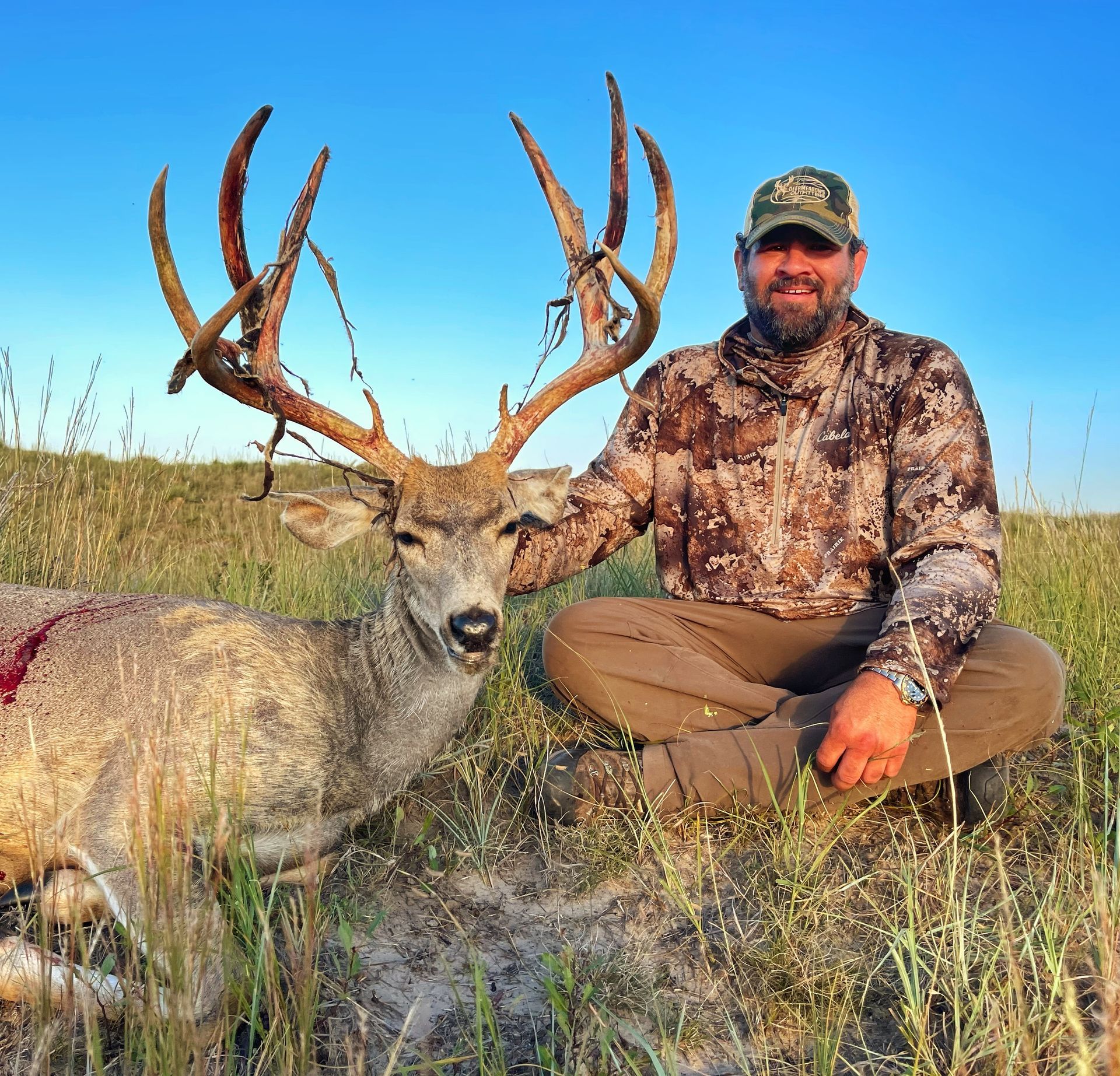 Man kneels beside a large buck with massive antlers in a grassy field. Blue sky.