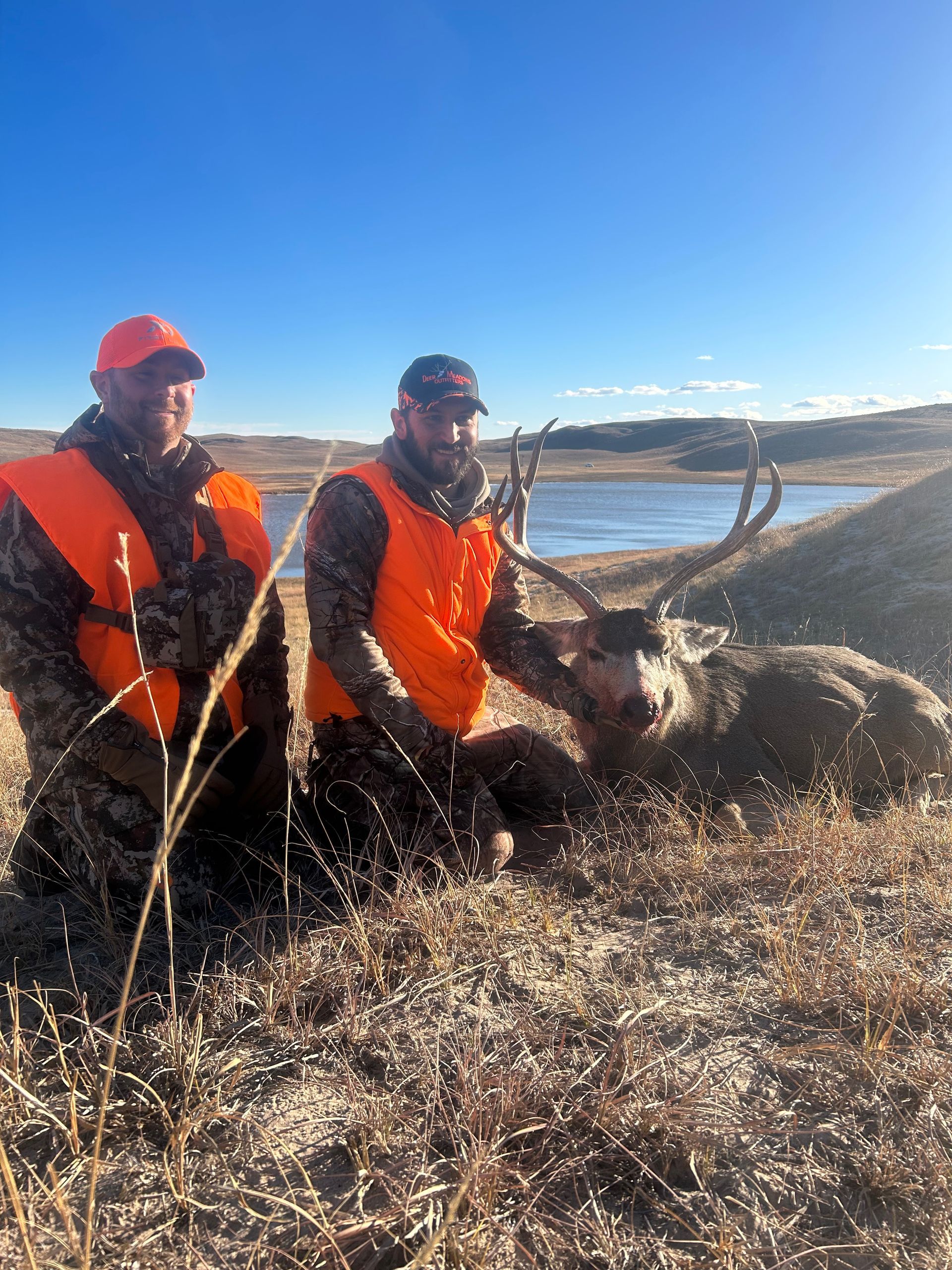Two hunters kneel beside a deer they have hunted; they are wearing orange vests in a grassy field by a lake under a blue sky.