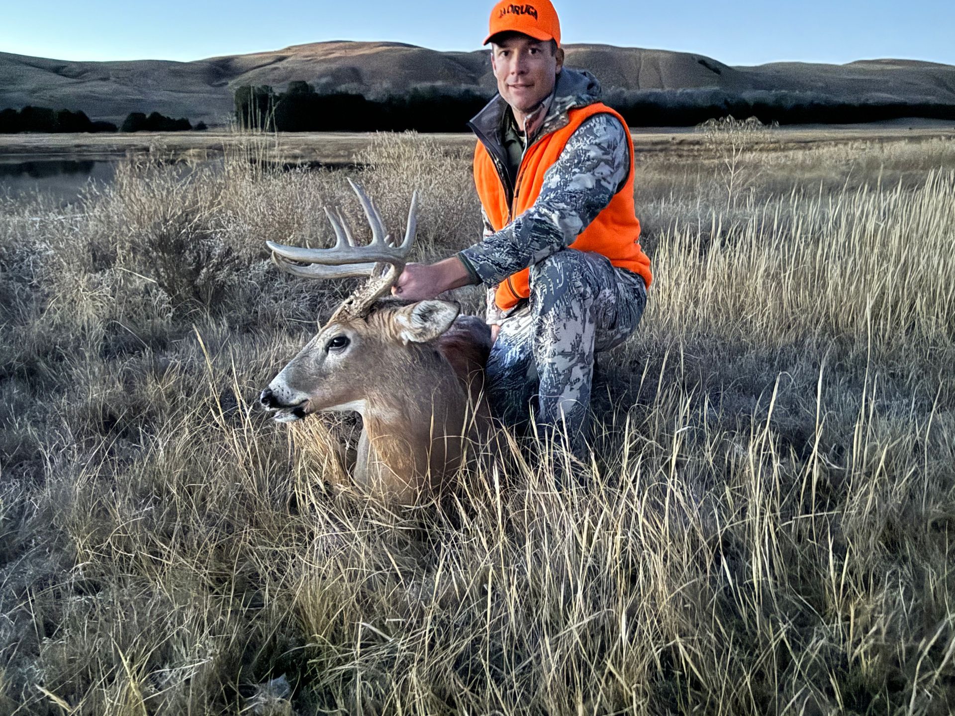 Hunter in orange vest and camo kneels beside a harvested buck in a field.