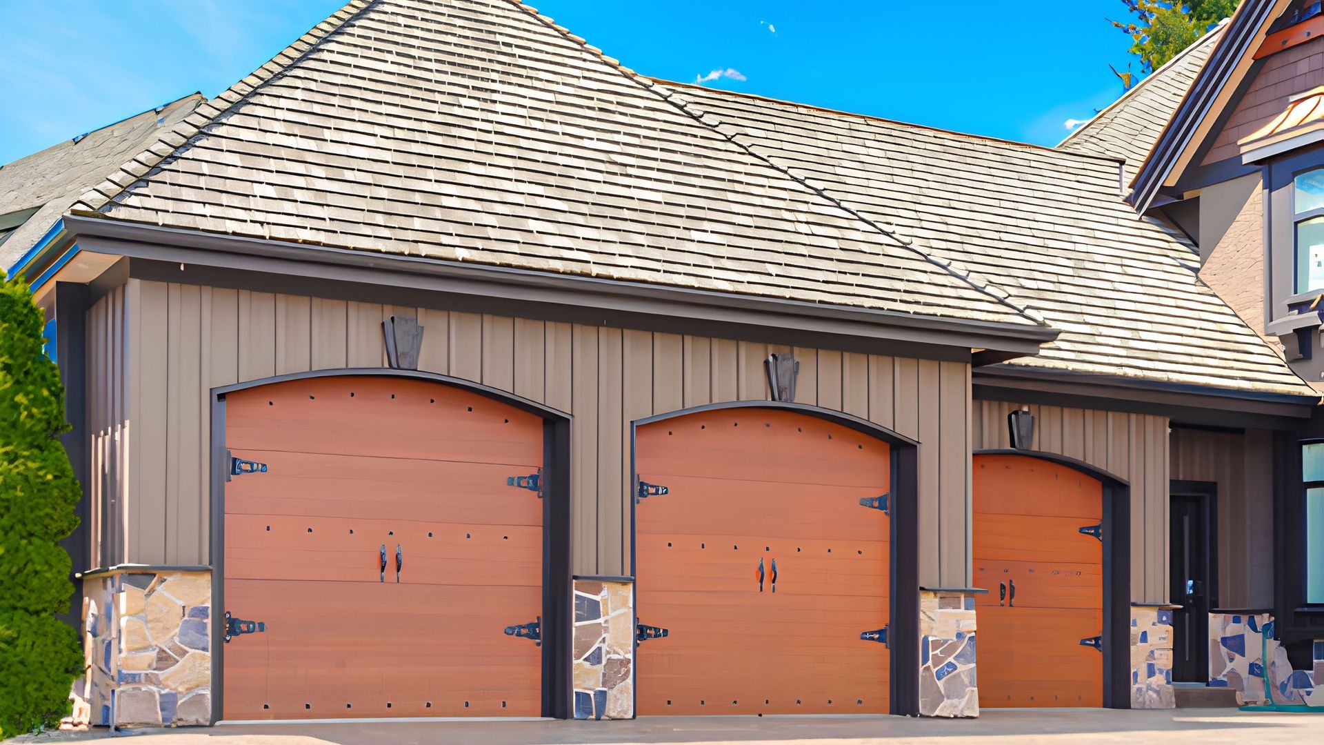 Three orange garage doors on a beige house with stone accents and a shingled roof