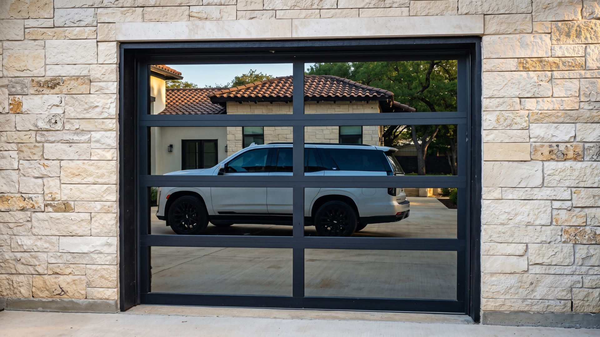 Black-framed reflective garage door on a stone house, showing a white SUV parked outside.