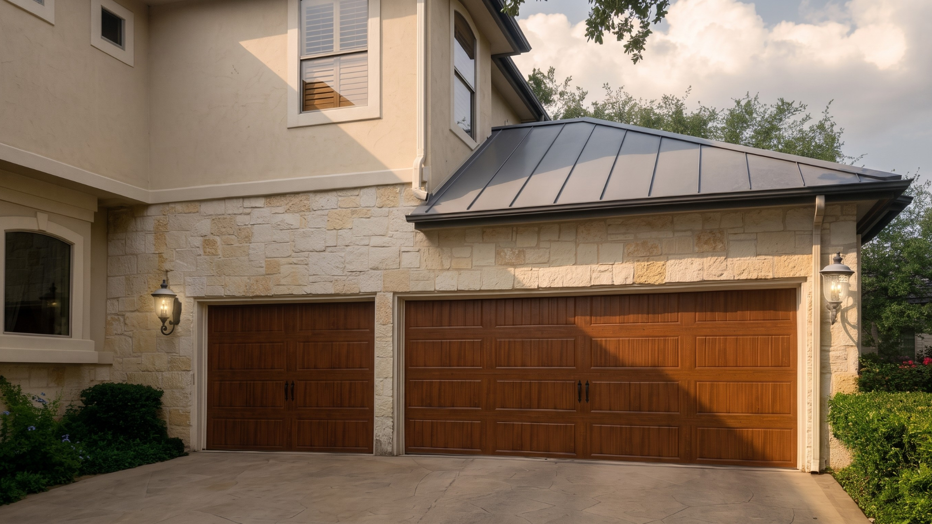 Two-car wooden garage doors on a beige house with stone siding and a metal roof overhang