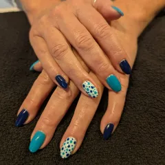 Blue and turquoise PolyGel nails with dotted accents by Nic at The Pamper Lounge