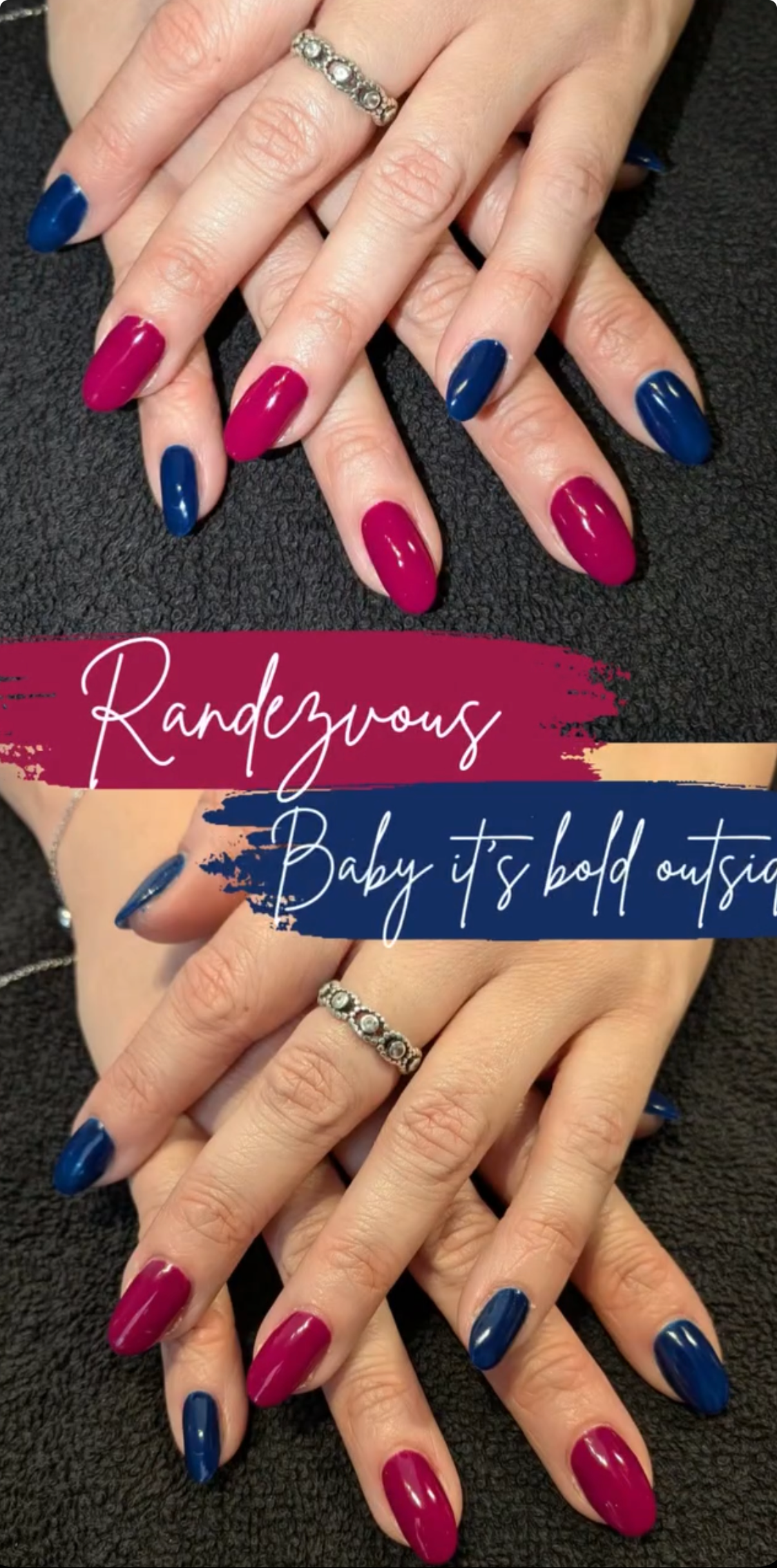 Navy blue and raspberry pink nails at The Pamper Lounge