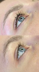 Close-up of an eye with two eyebrow makeup looks, one fuller and one more natural