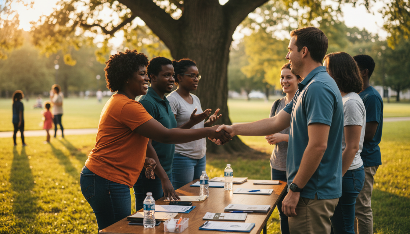 People shaking hands at an outdoor event with a table in front of them, under a tree on a sunny day.
