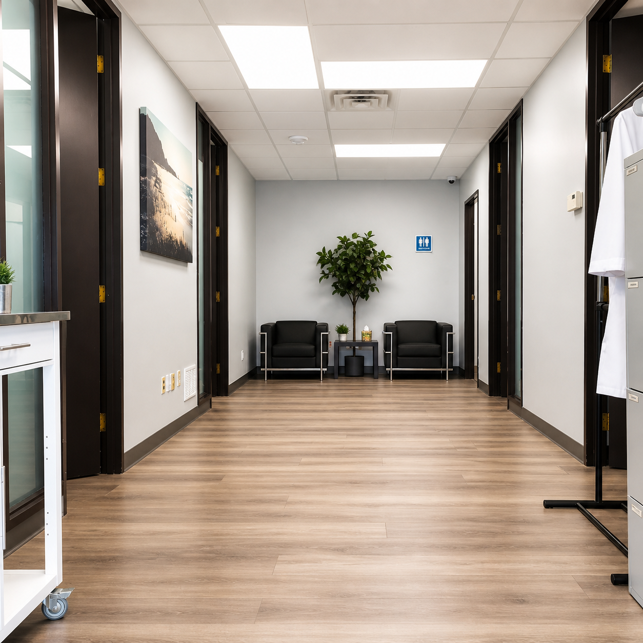 Empty office hallway with wood flooring, black chairs, a potted tree, and doors along both sides