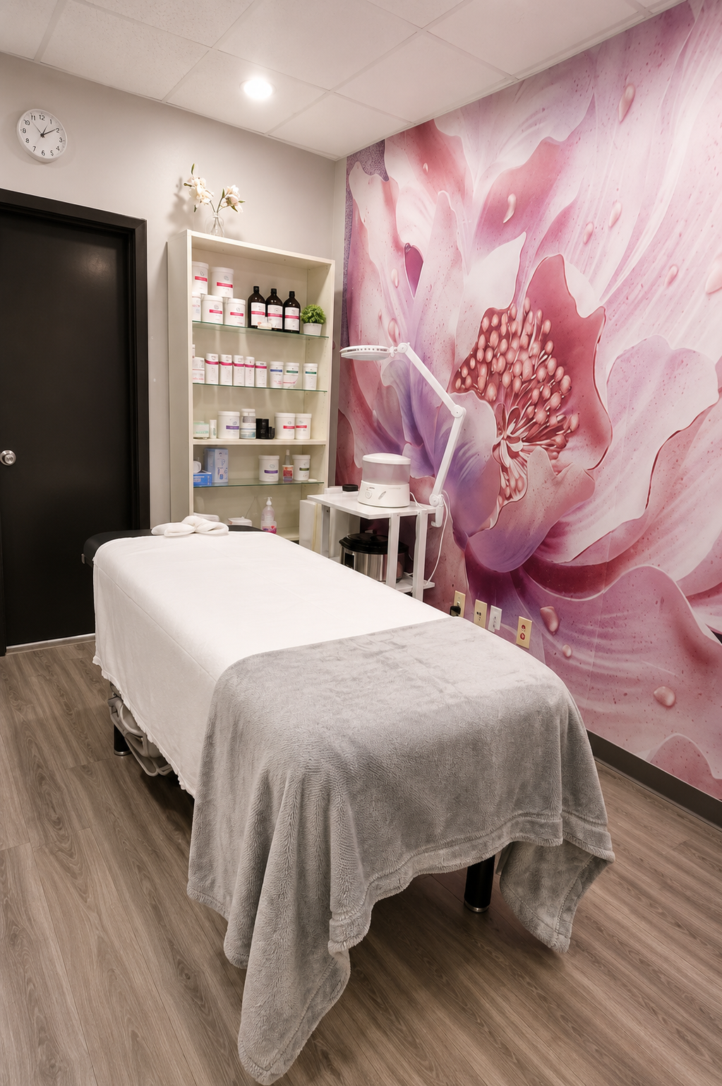 Spa treatment room with massage table, floral wall mural, shelves, and warm wood flooring