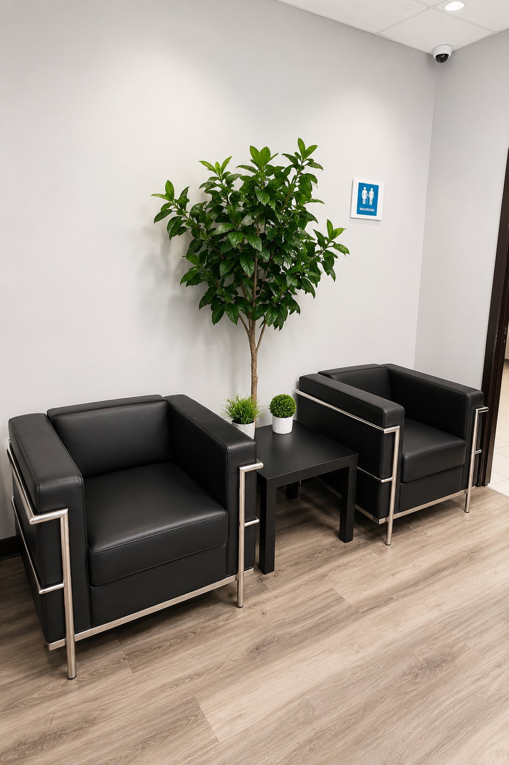 Small waiting area with black chairs, a side table, and a potted tree on light wood flooring.