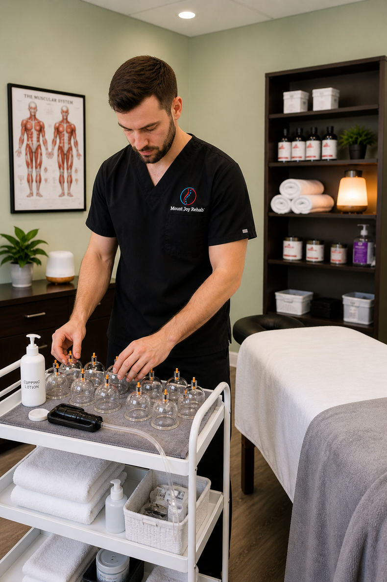 Chiropractic treatment room with a practitioner preparing cupping tools beside a massage table