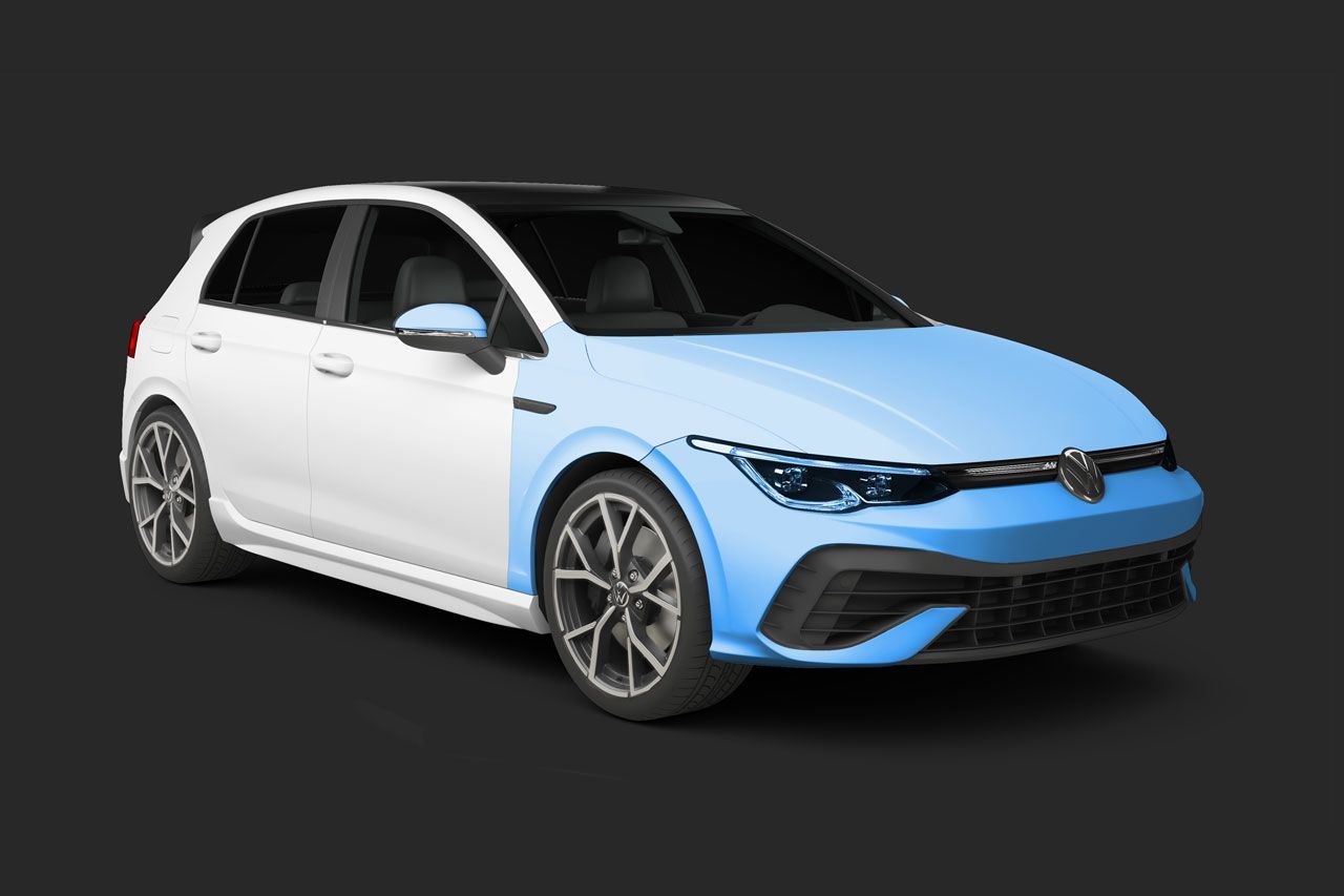 White and blue Volkswagen Golf car on a dark background.