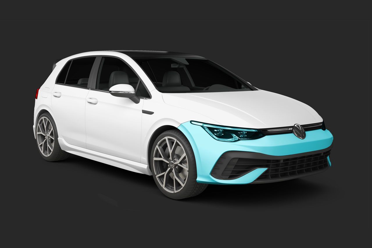 White Volkswagen Golf hatchback car with blue-highlighted front end.