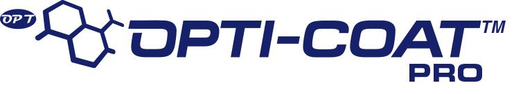 Logo for Opti-Coat Pro, in dark blue text with a blue molecule graphic. The 