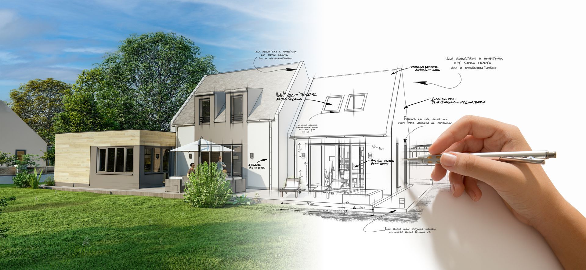 A person is drawing a house on a piece of paper with a pen.